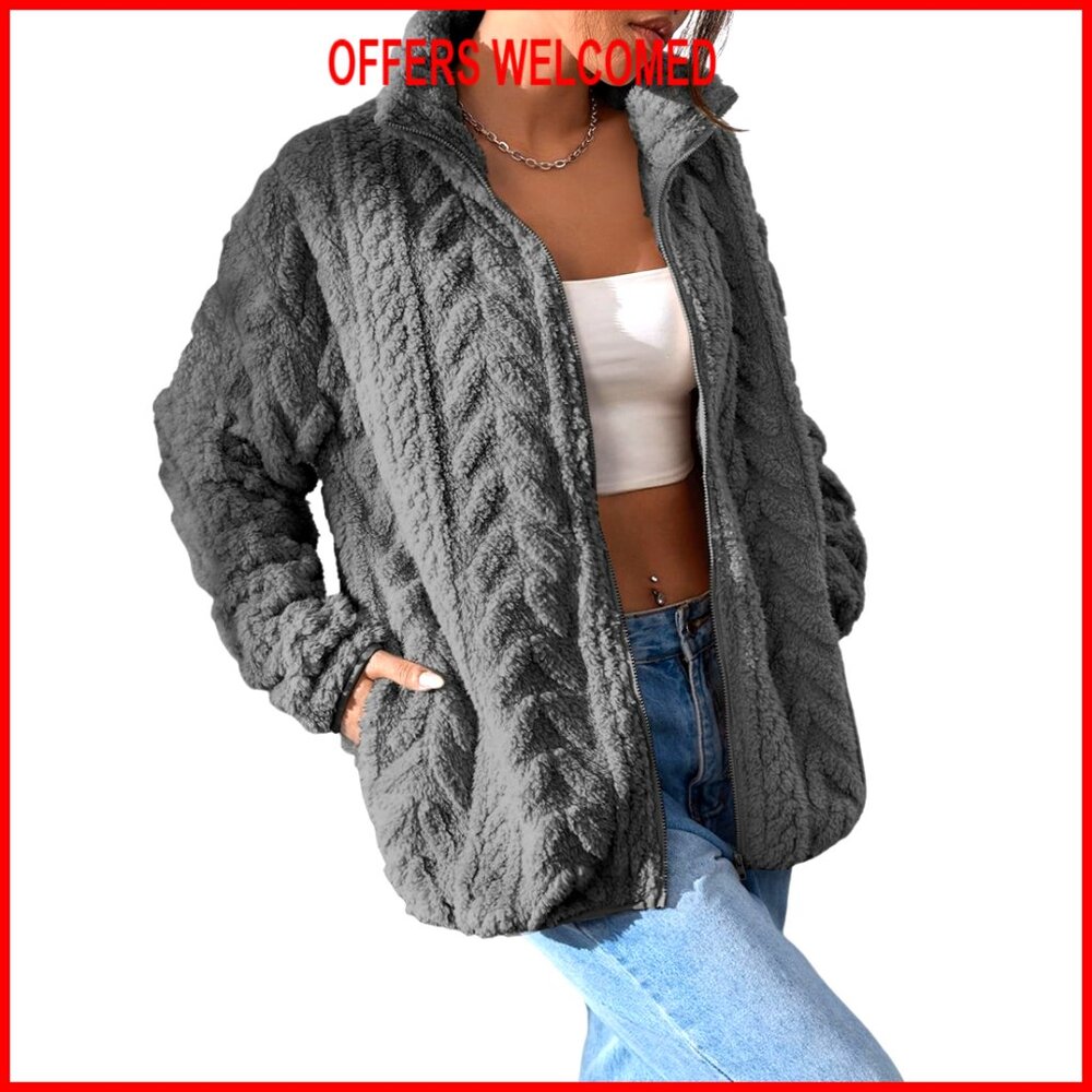 Winter Fleece Jacket With Zipper Stand Collar And Pockets